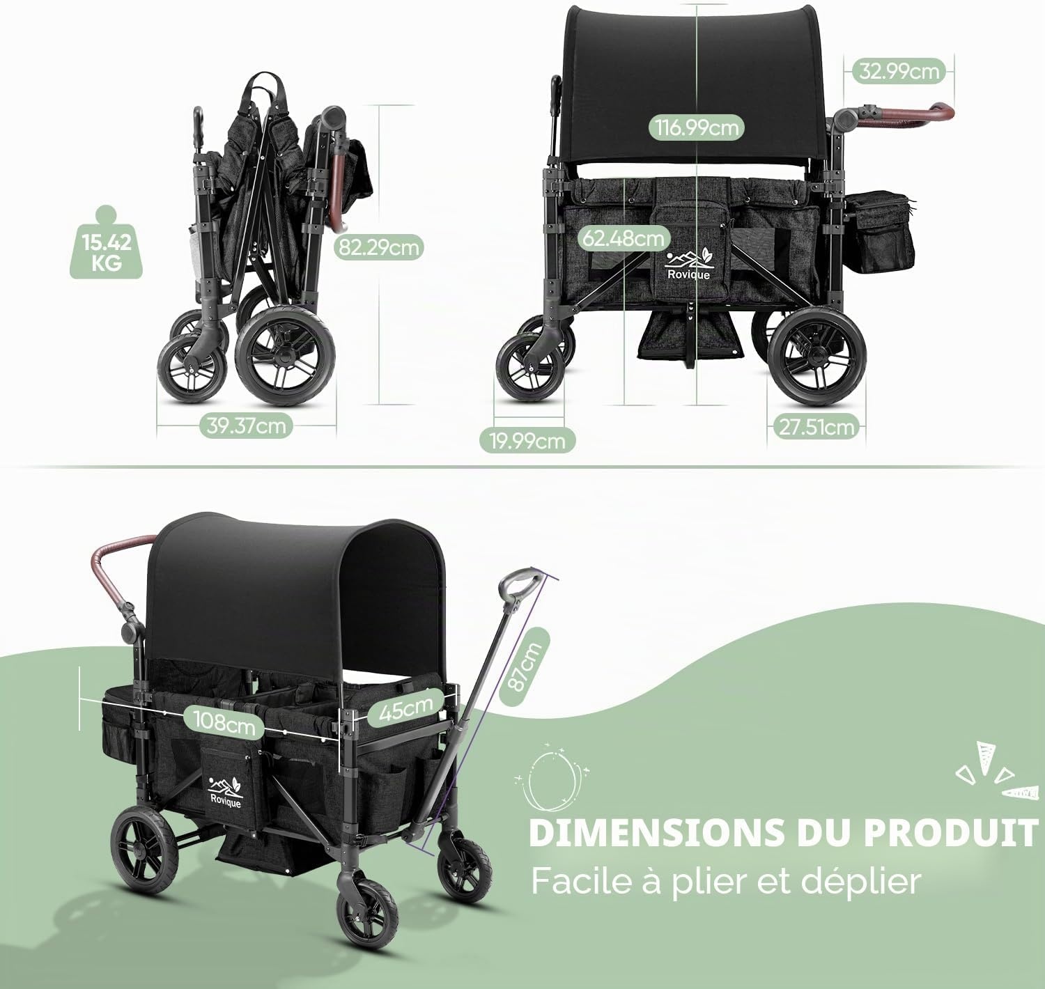Chariot de transport pliable 2 places - Noir - 35% de remise