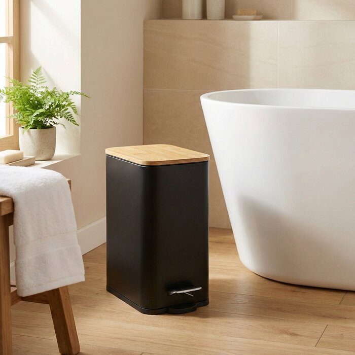 Poubelle à pédale 5L acier noir et bambou - 33% de remise