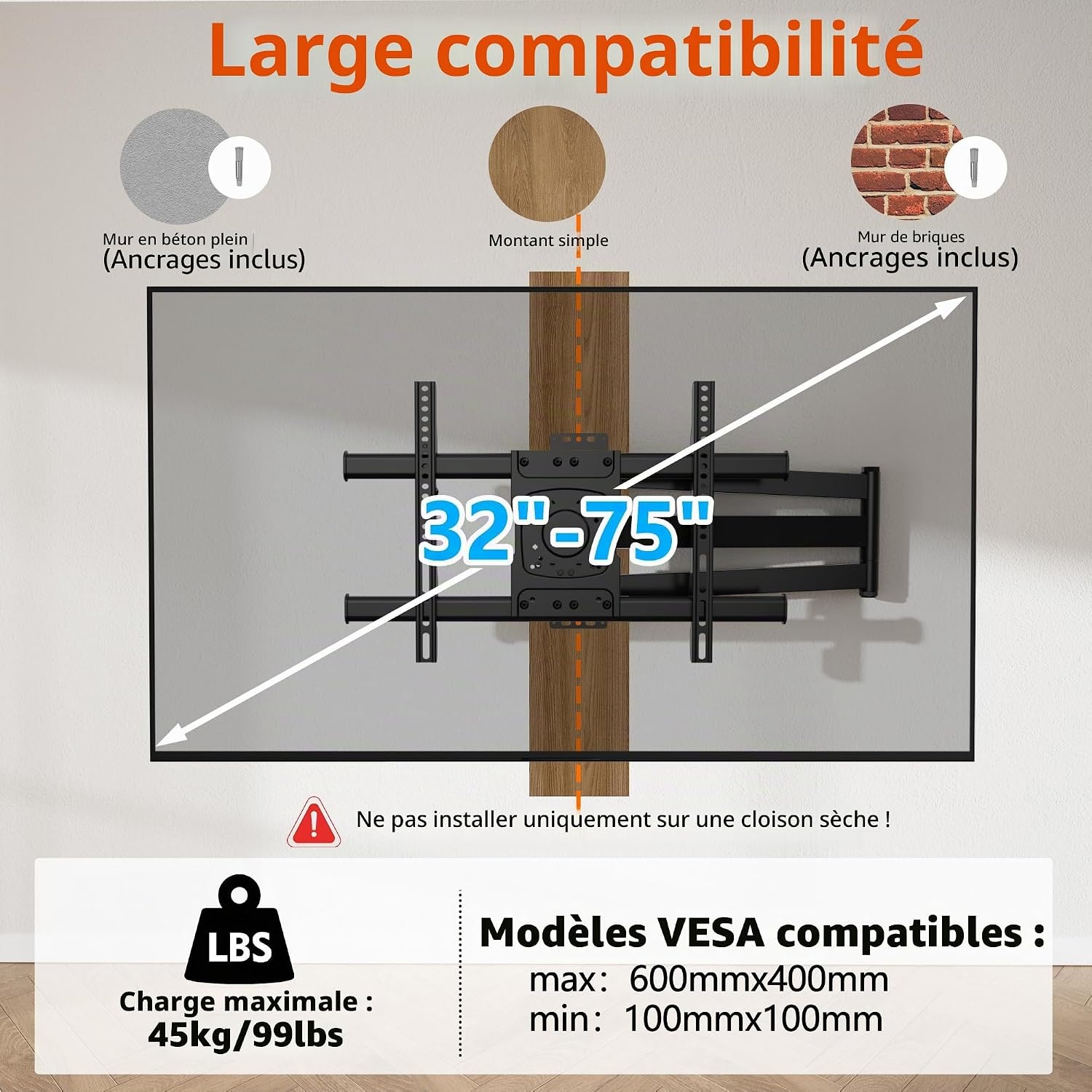 Support Mural TV Articulé 32-75 pouces - 34% de remise