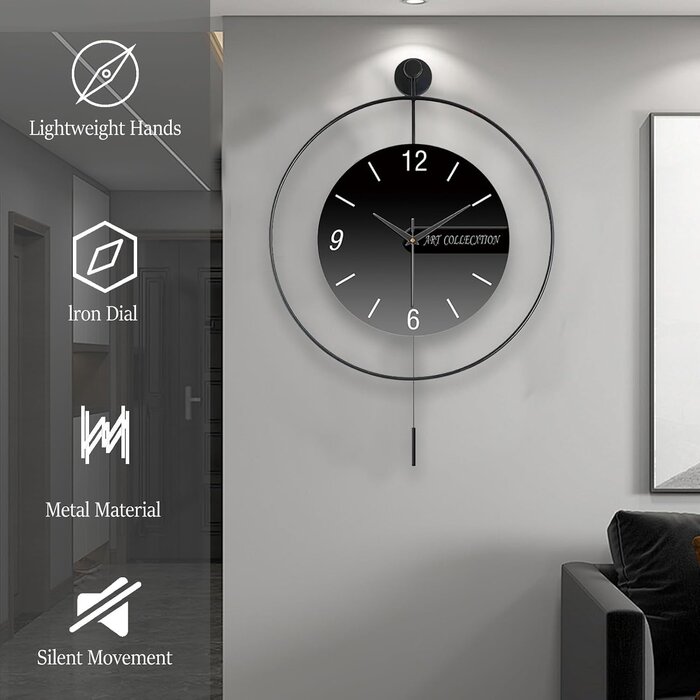 Horloge murale design avec balancier 50x70 cm noire - 33% de remise