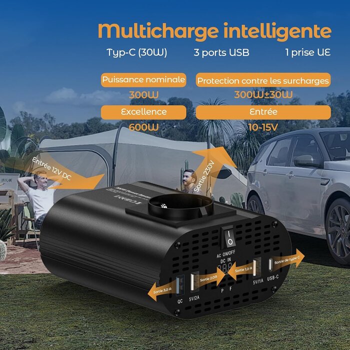 Convertisseur 12V vers 220V 300W - 5 ports - 32% de remise