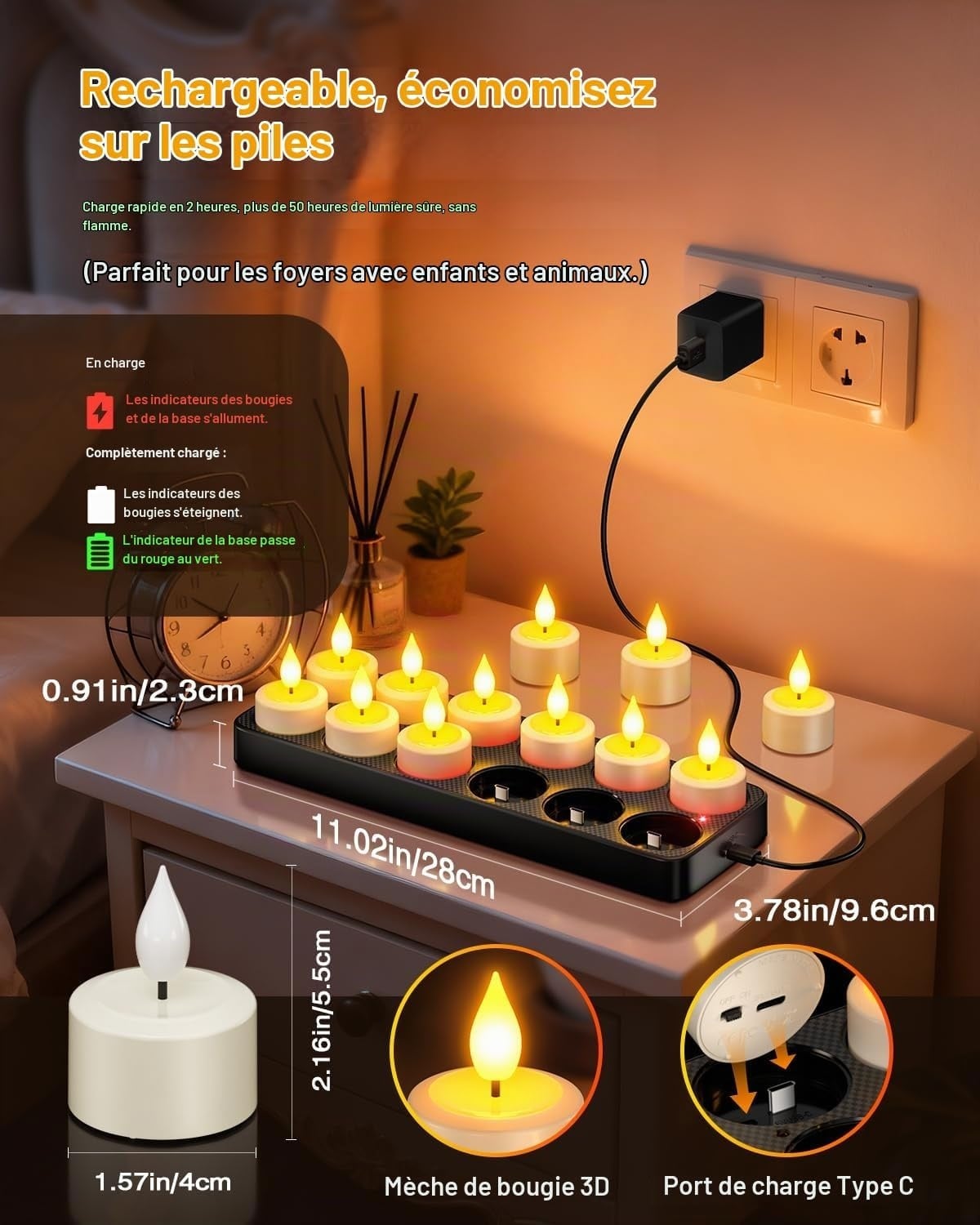 Lot de 12 bougies LED rechargeables avec station de charge - 33% de remise