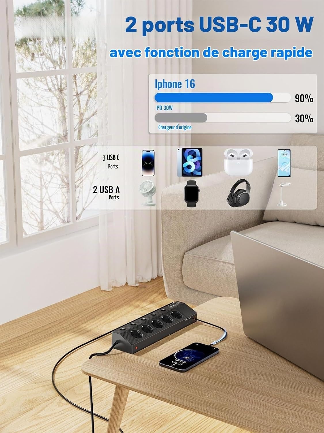 Multiprise de bureau 5 prises et 5 ports USB - 32% de remise