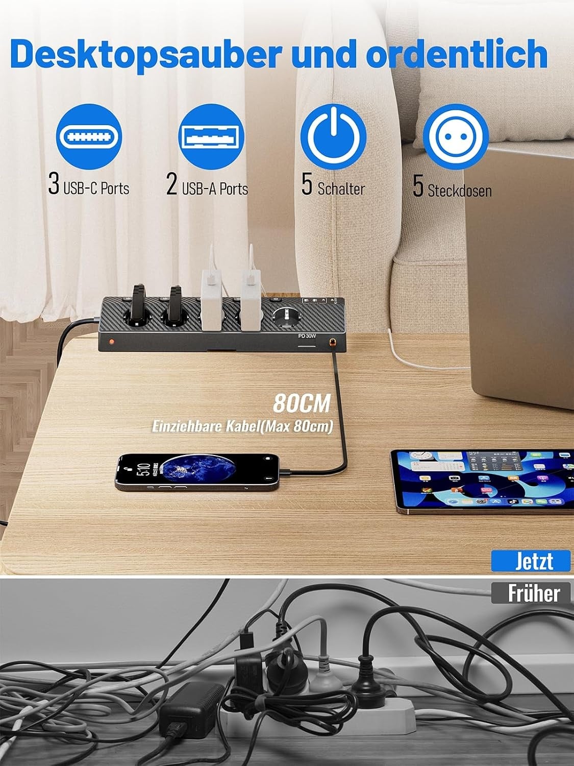 Multiprise de bureau 5 prises et 5 ports USB - 32% de remise
