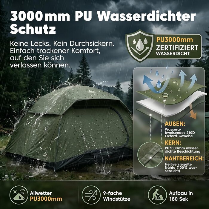 Tente de camping 4 places - 275x215 cm - Vert olive - 34% de remise