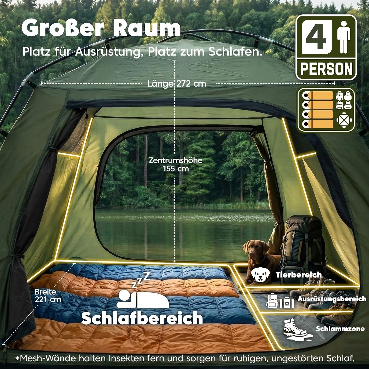 Tente de camping 4 places - 275x215 cm - Vert olive - 34% de remise