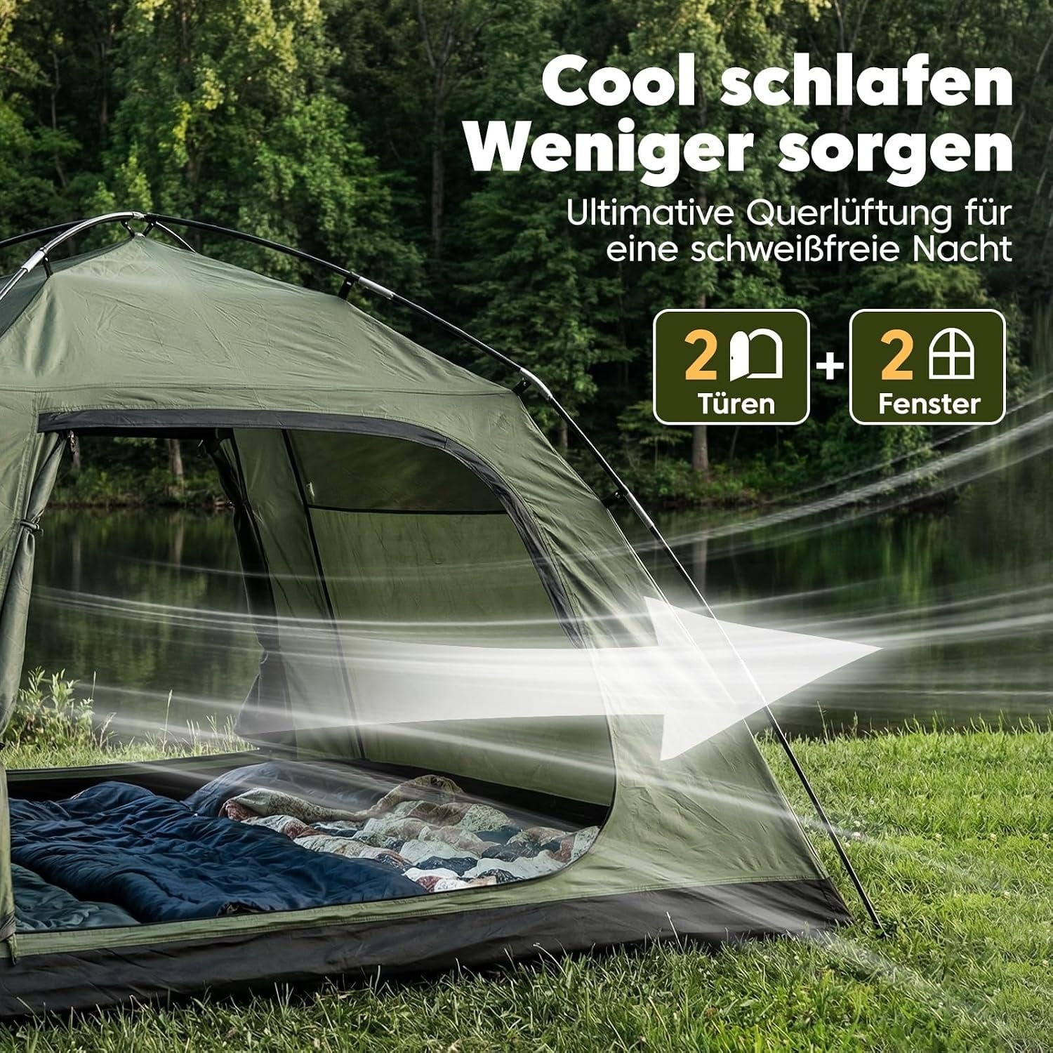 Tente de camping 4 places - 275x215 cm - Vert olive - 34% de remise