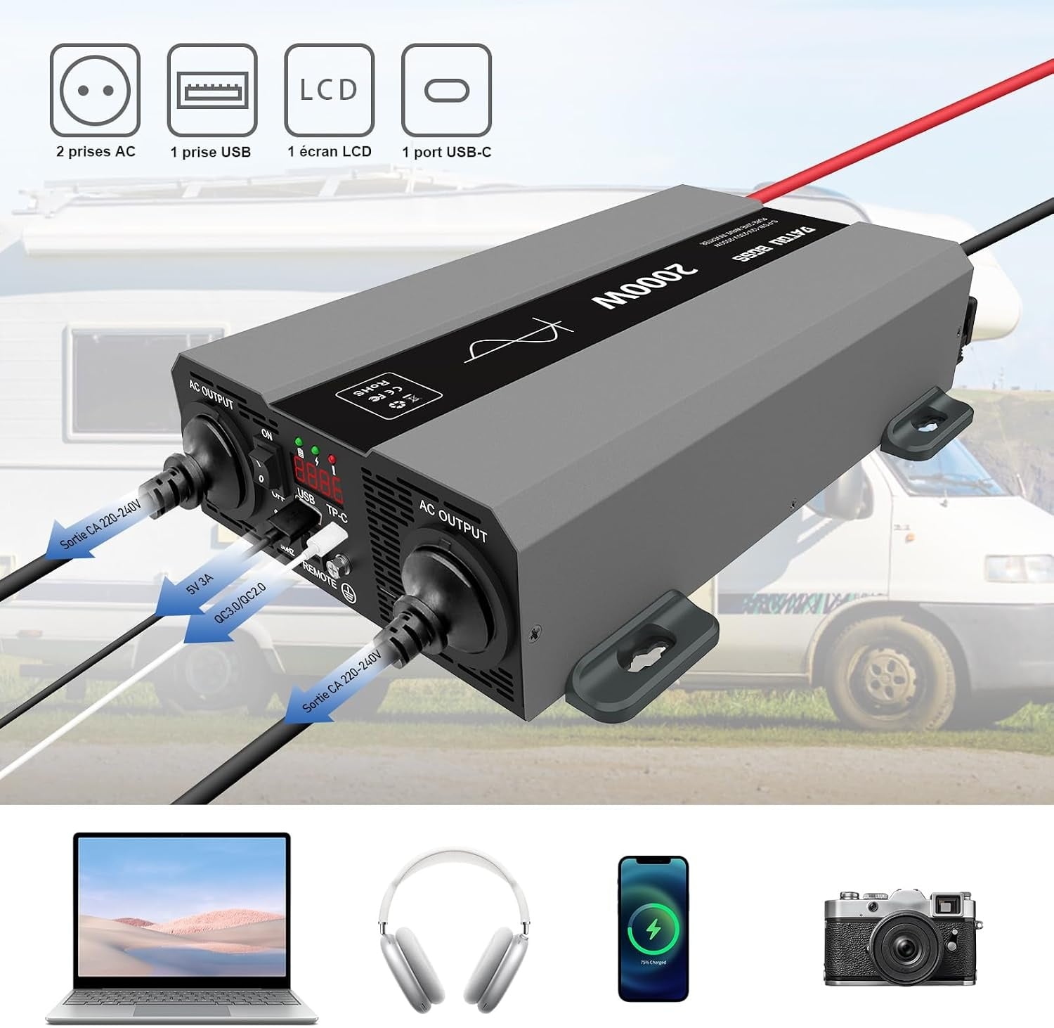 Convertisseur Pur Sinus 24V 2000W avec télécommande - 35% de remise