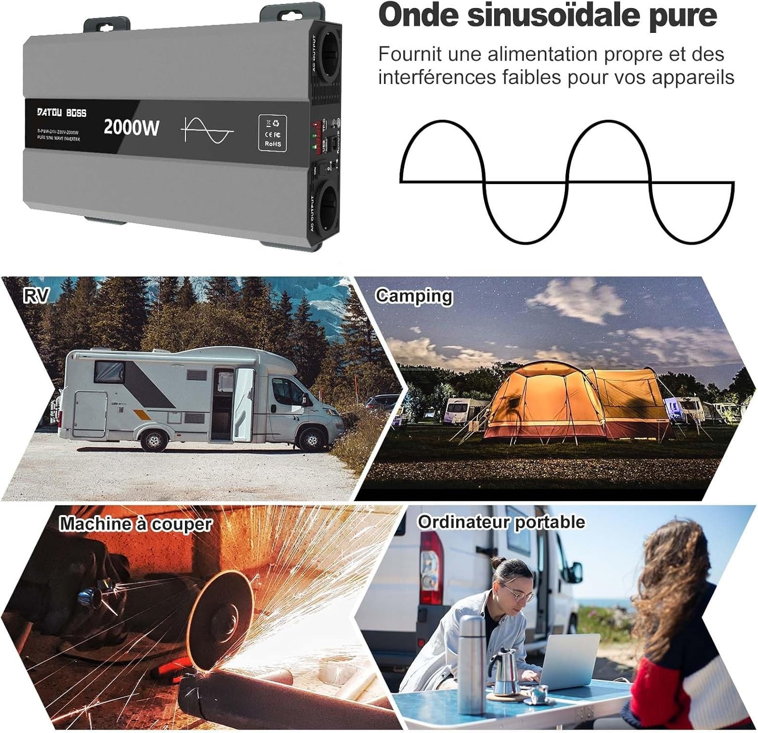 Convertisseur 24V vers 230V 2000W - Onde sinusoïdale pure - 35% de remise