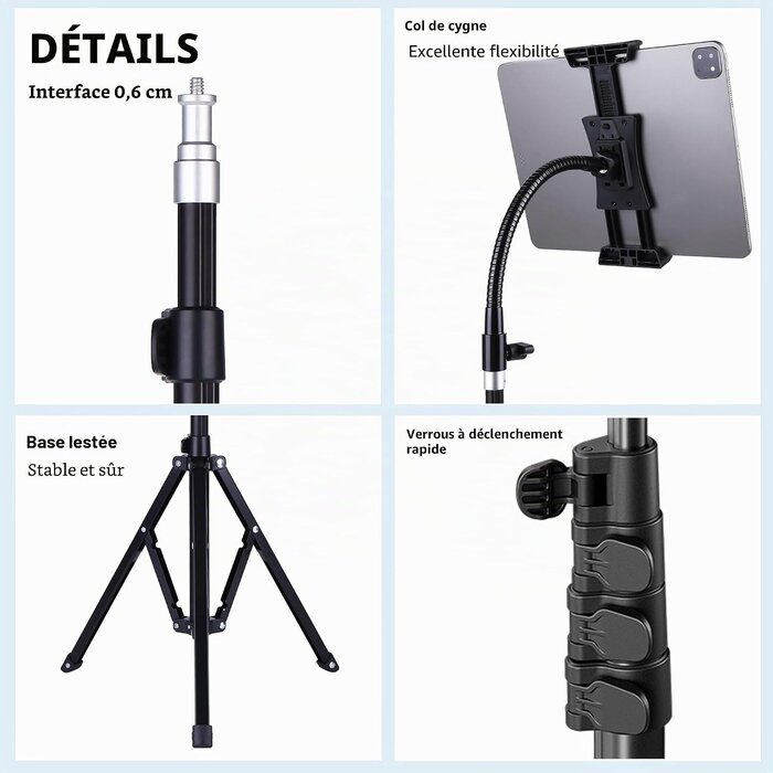Trépied articulé 185 cm pour tablette et téléphone - 33% de remise