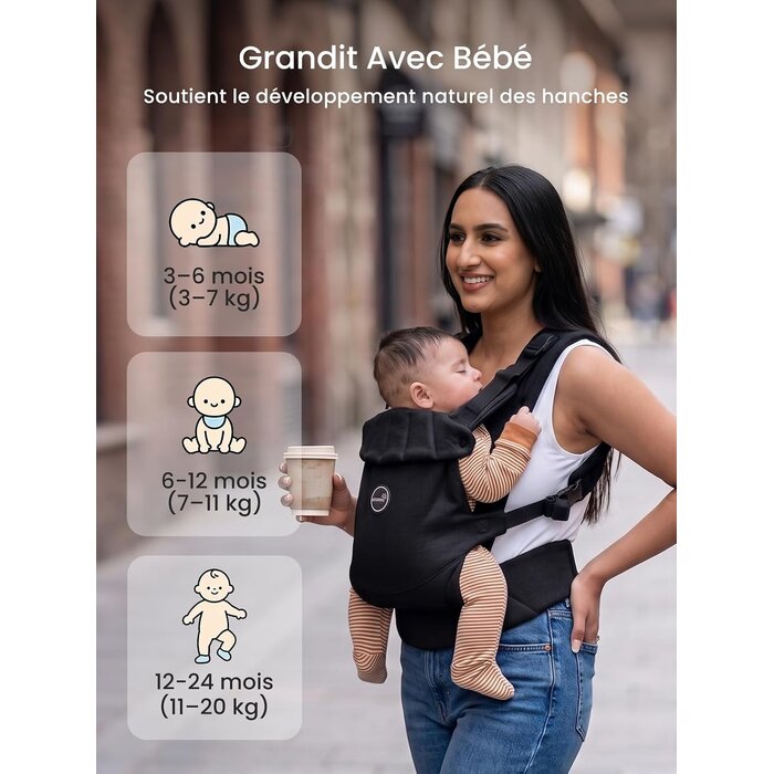 Porte-bébé physiologique ergonomique noir (3-18 kg) - 33% de remise