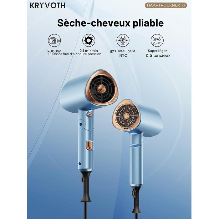 Sèche-cheveux ionique pliable 2000W avec diffuseur - 31% de remise