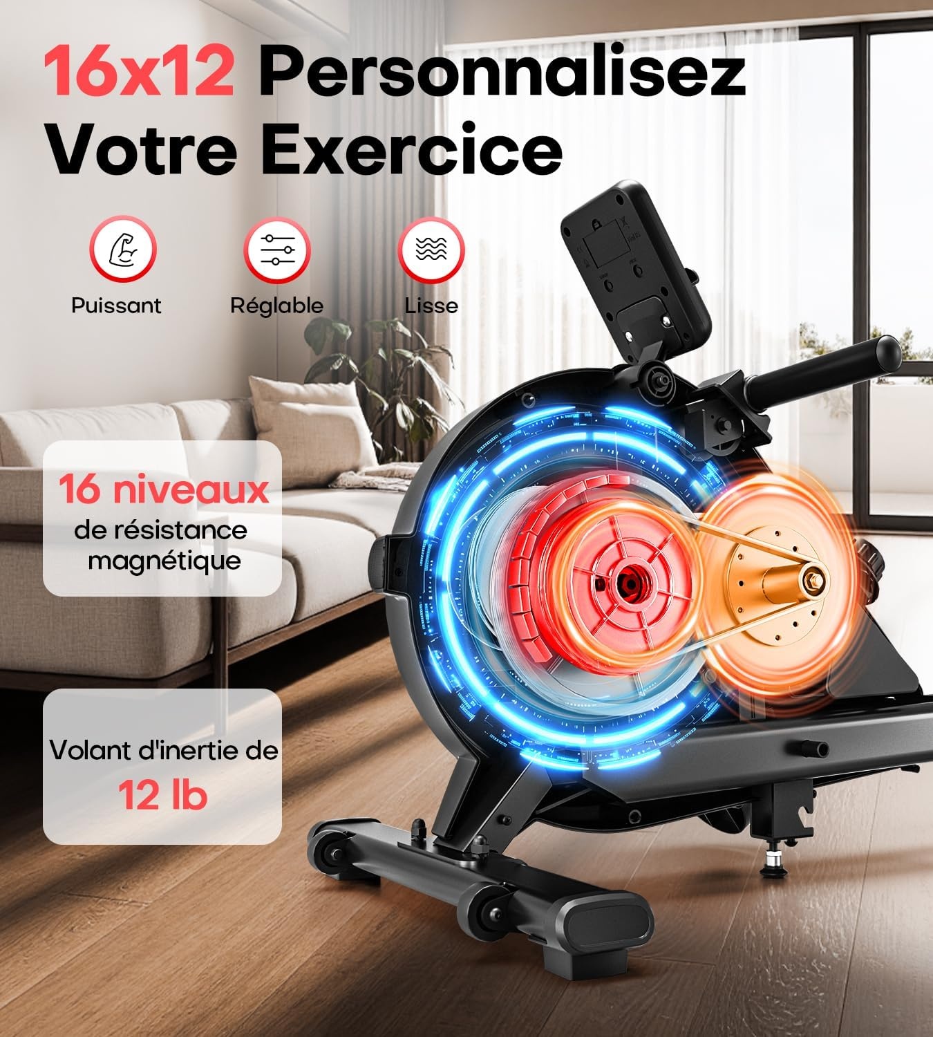 Rameur magnétique pliable - 16 niveaux - Capacité 160 kg - 30% de remise