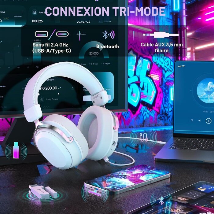 Casque Gaming Sans Fil 7.1 Surround Blanc - 33% de remise
