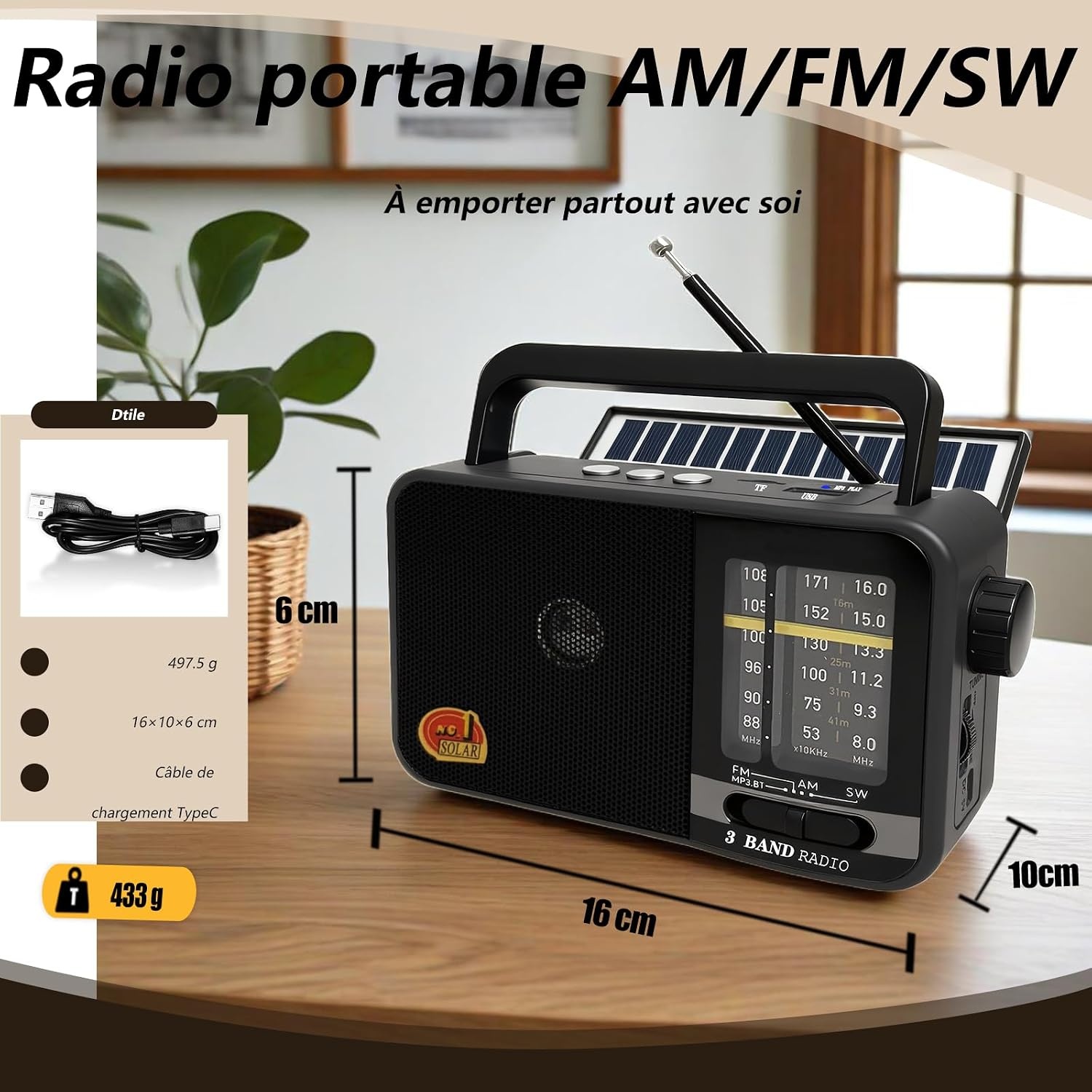 Radio Portable Solaire Bluetooth AM/FM/SW - Gris - 31% de remise