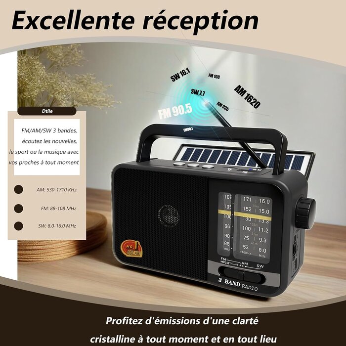 Radio Portable Solaire Bluetooth AM/FM/SW - Gris - 31% de remise