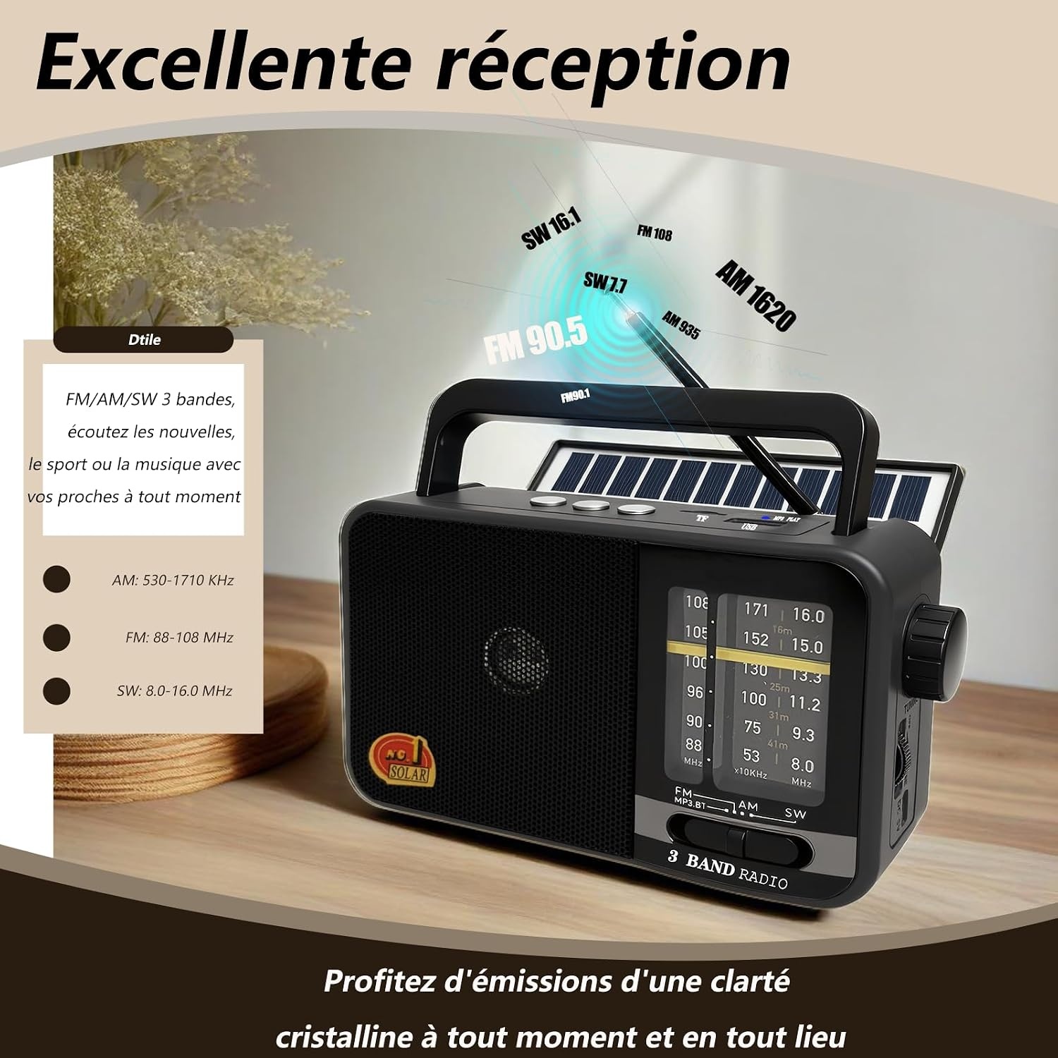 Radio Portable Solaire Bluetooth AM/FM/SW - Gris - 31% de remise