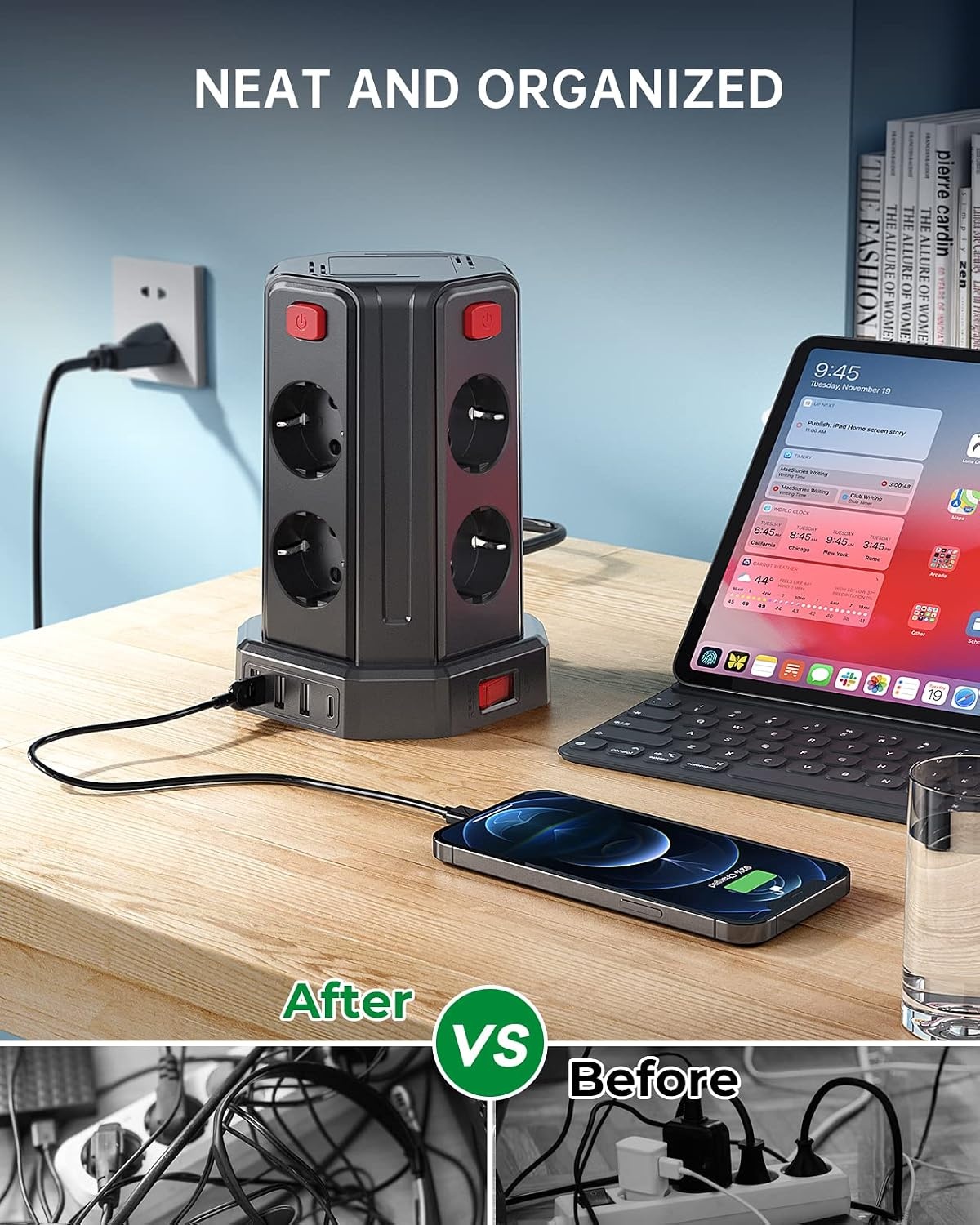 Tour multiprise 12-en-1 avec 4 ports USB - Noir - 32% de remise