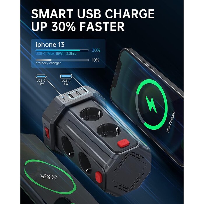 Tour multiprise 12-en-1 avec 4 ports USB - Noir - 32% de remise