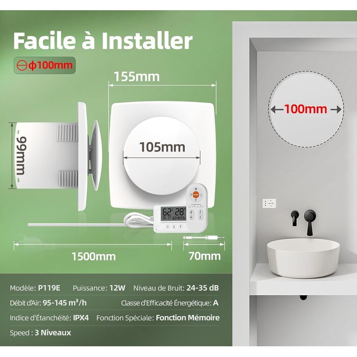 Extracteur d'air 100 mm intelligent avec télécommande - 34% de remise