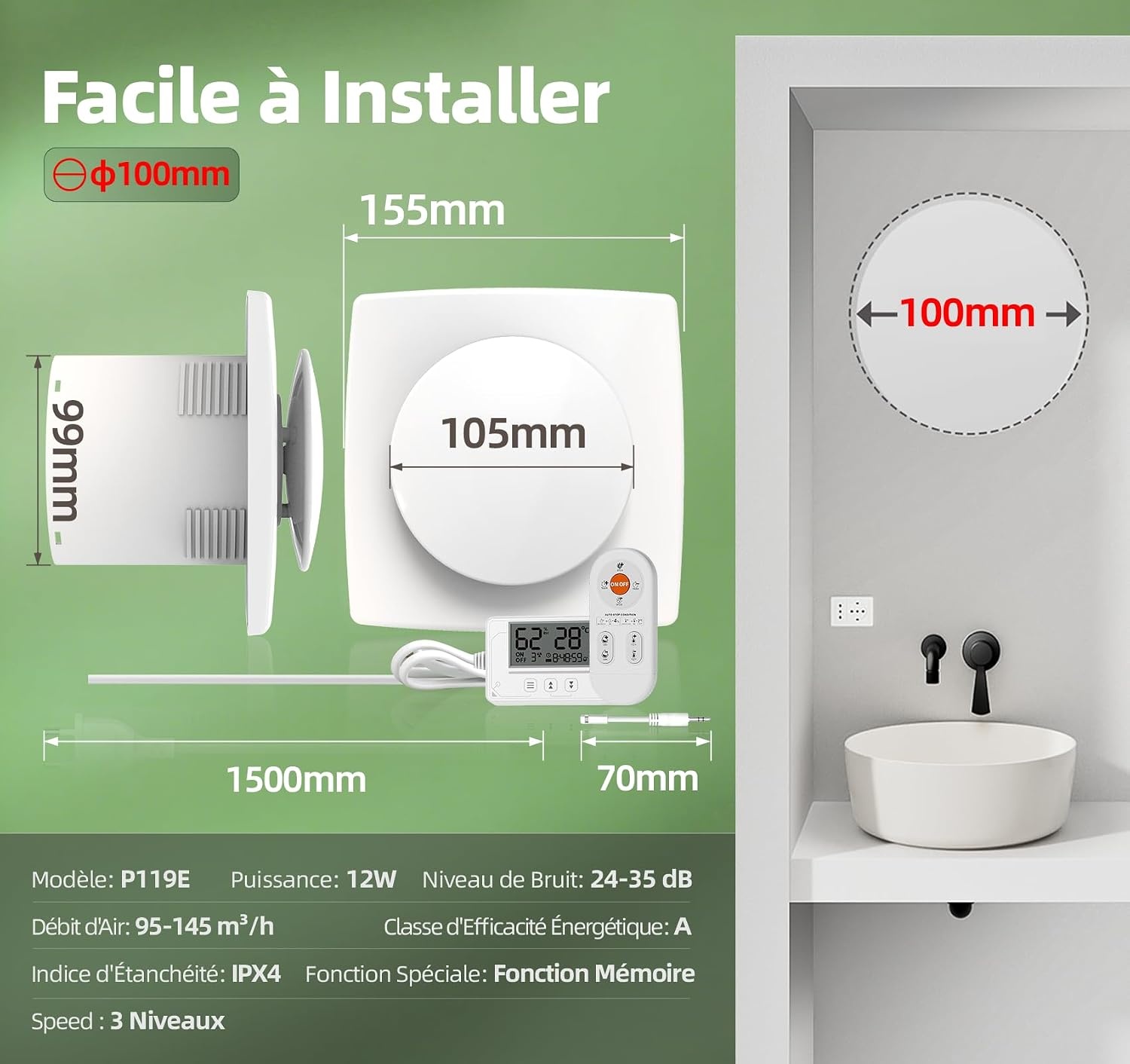 Extracteur d'air 100 mm intelligent avec télécommande - 34% de remise