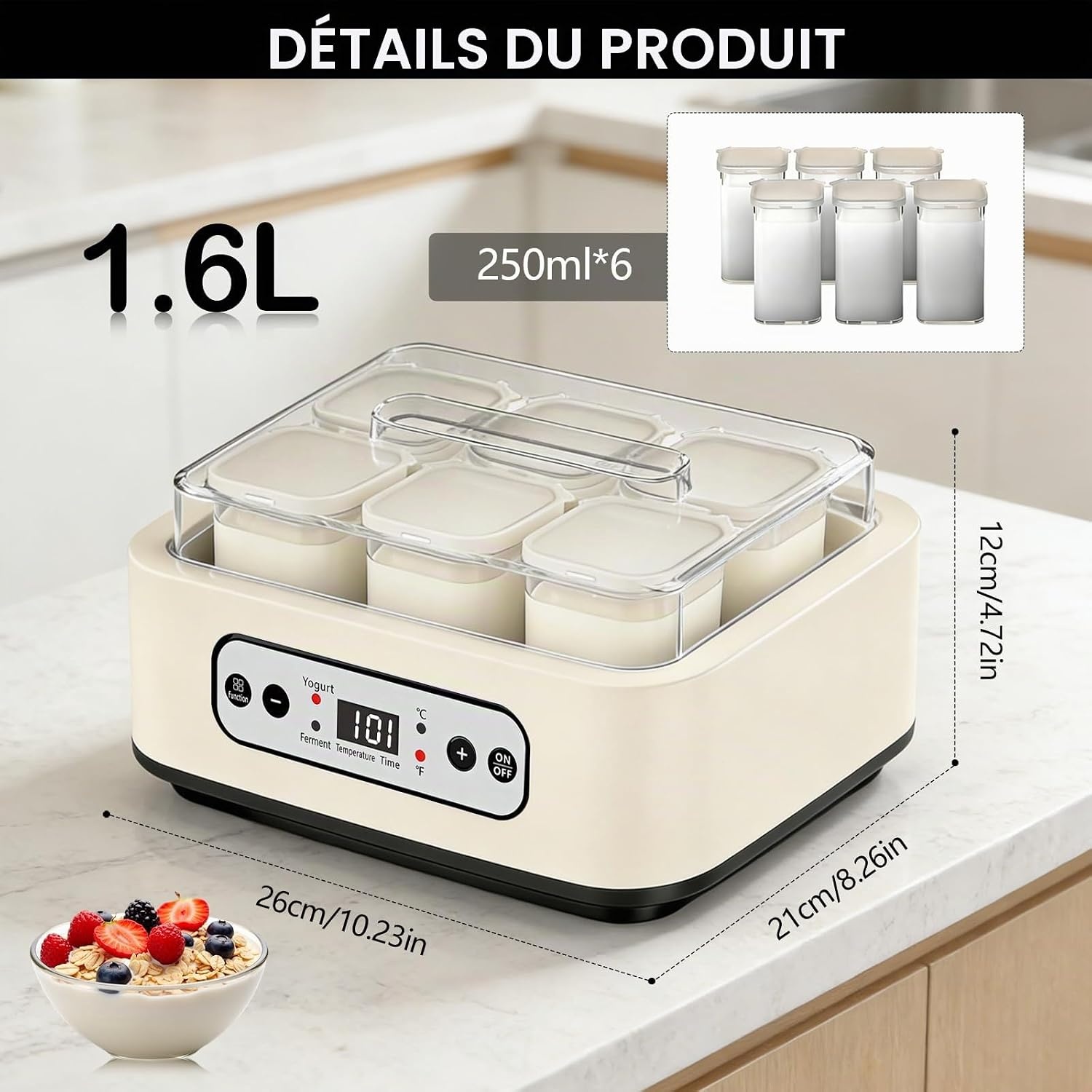 Yaourtière 1,6L avec 6 pots en verre - Inox - Écran LCD - 33% de remise