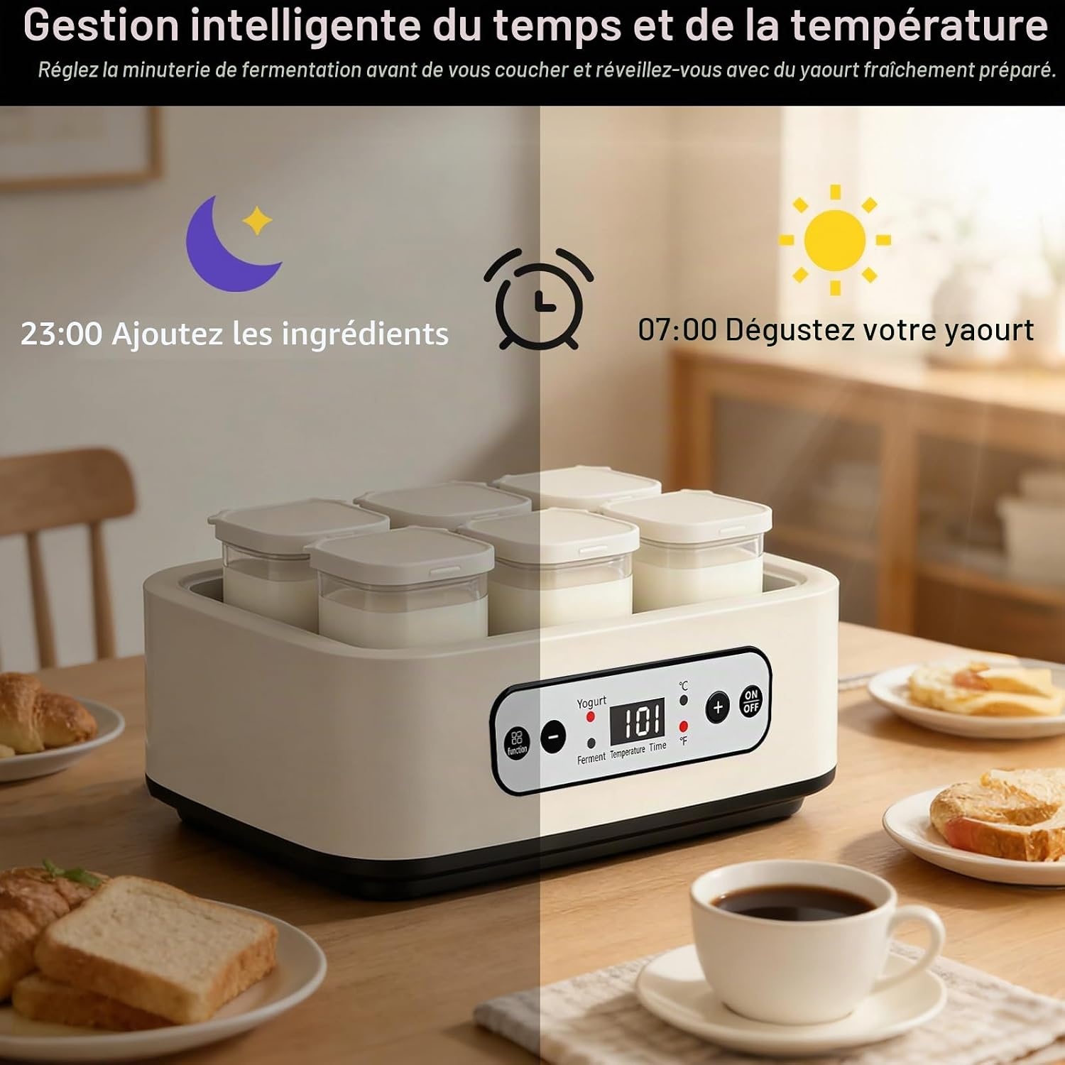 Yaourtière 1,6L avec 6 pots en verre - Inox - Écran LCD - 33% de remise