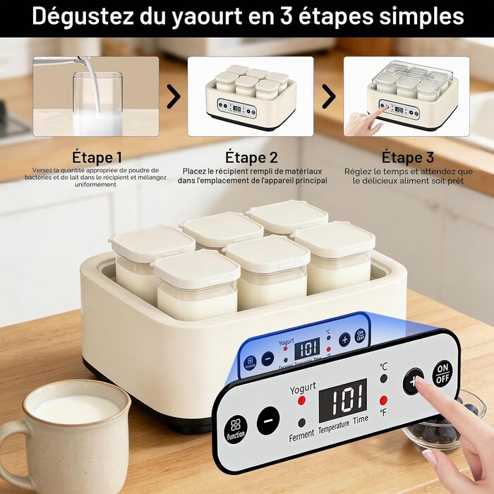 Yaourtière 1,6L avec 6 pots en verre - Inox - Écran LCD - 33% de remise