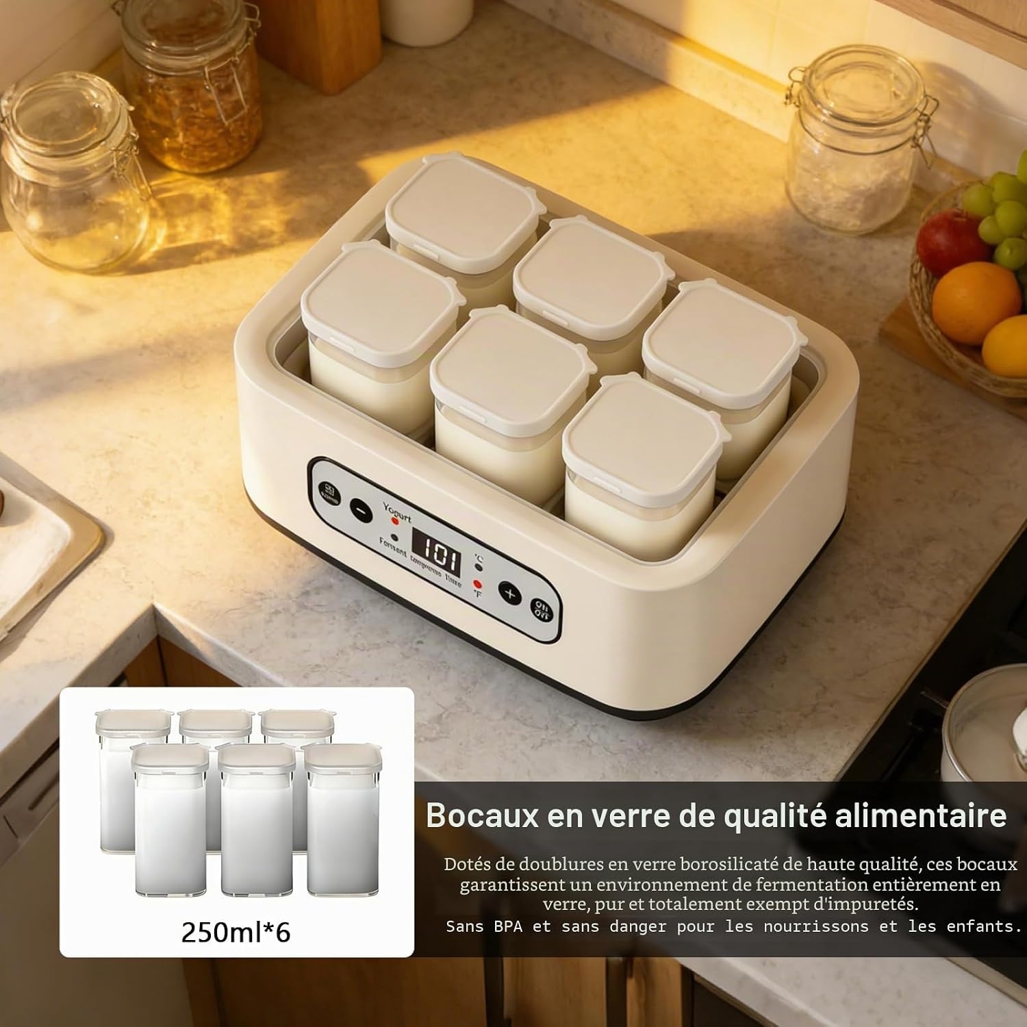 Yaourtière 1,6L avec 6 pots en verre - Inox - Écran LCD - 33% de remise