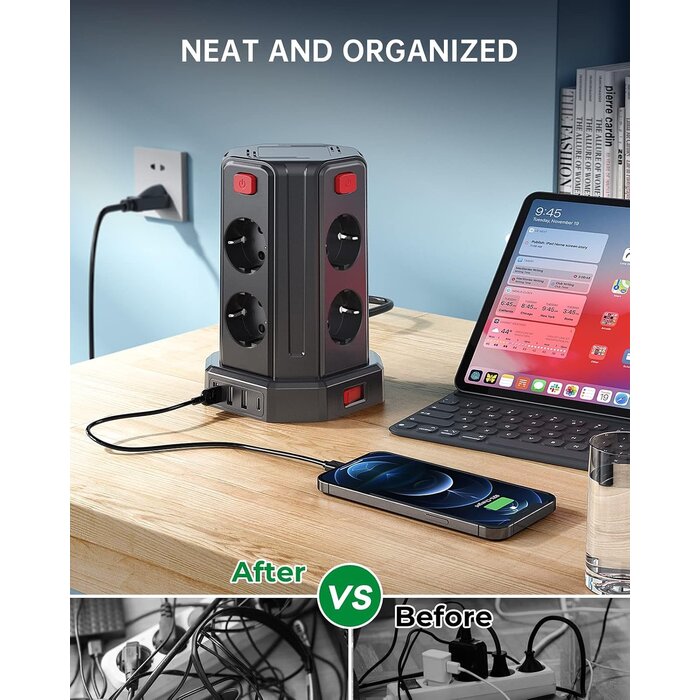Bloc multiprise en tour 12-en-1 avec USB - 32% de remise