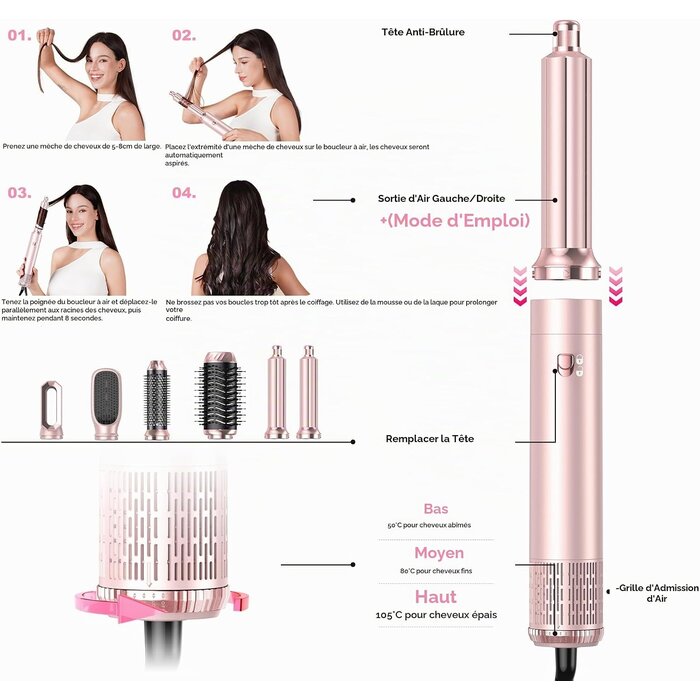 Brosse soufflante 6-en-1 1000W - Rose - 33% de remise
