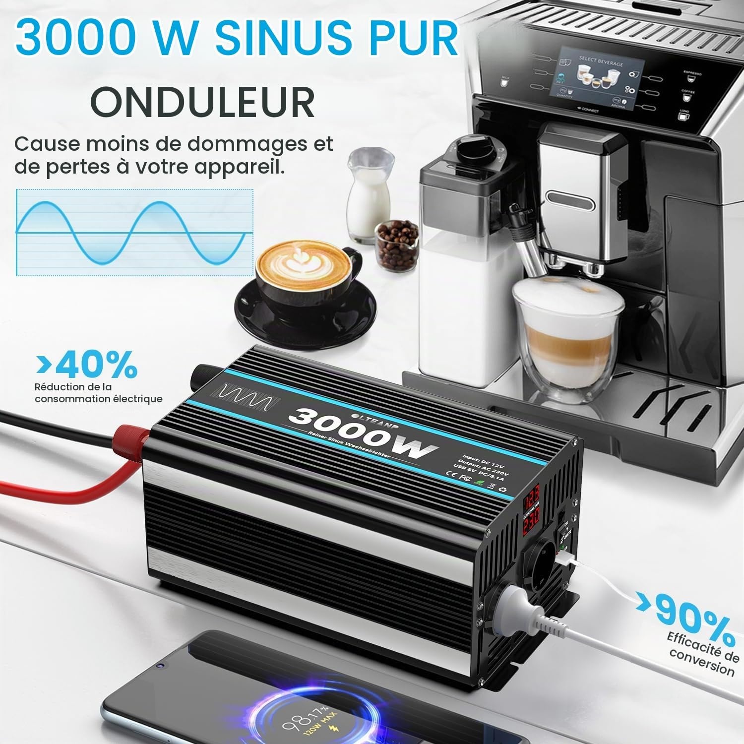 Convertisseur 12V vers 230V 3000W Onde Pure - 35% de remise