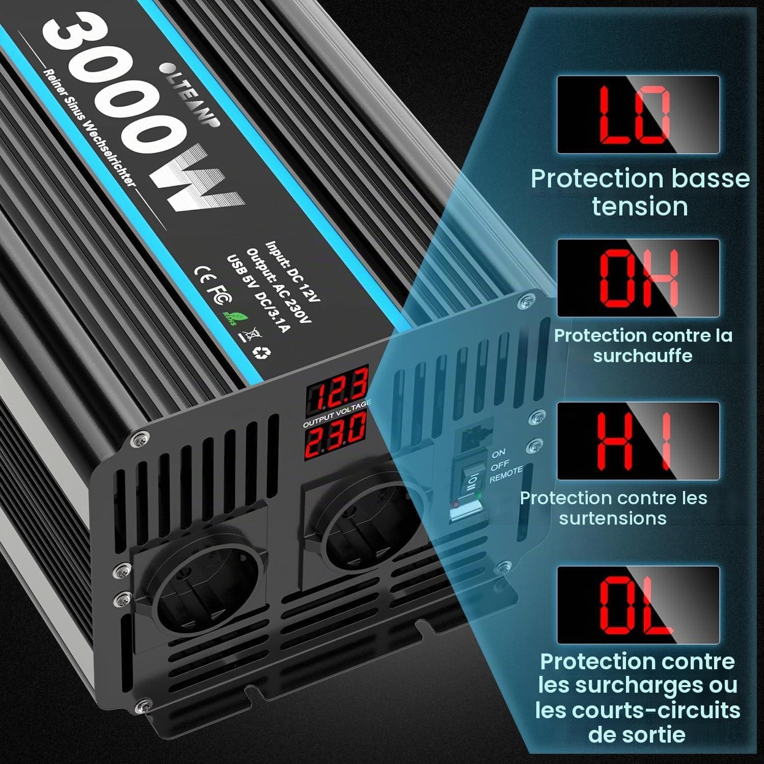 Convertisseur 12V vers 230V 3000W Onde Pure - 35% de remise
