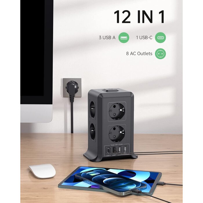 Multiprise verticale 12 en 1 avec 4 ports USB - 32% de remise