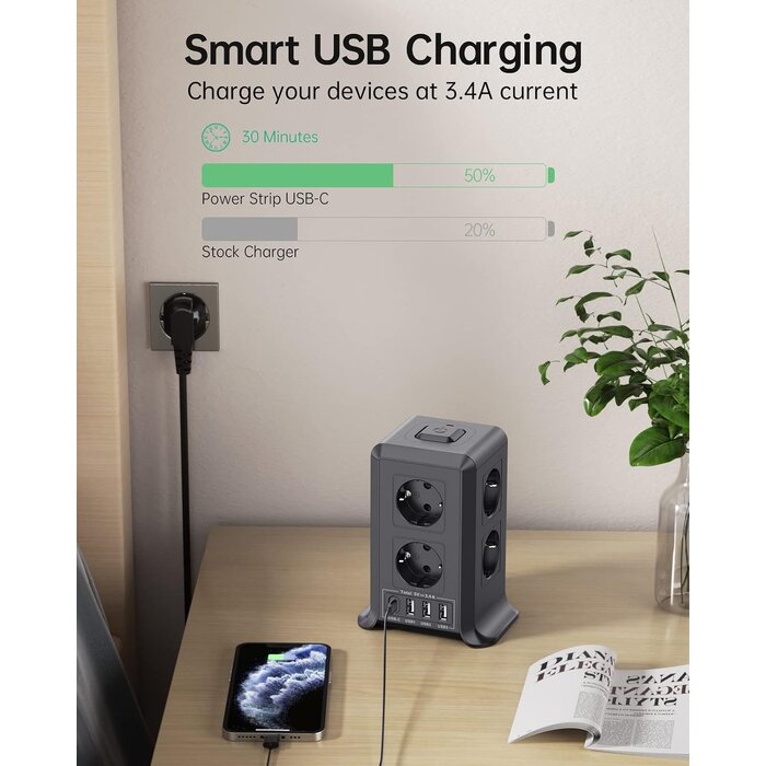 Multiprise verticale 12 en 1 avec 4 ports USB - 32% de remise