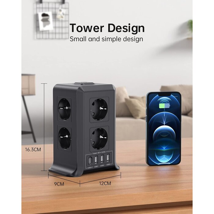 Multiprise verticale 12 en 1 avec 4 ports USB - 32% de remise