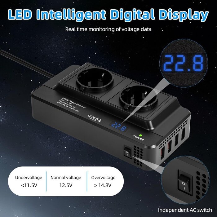 Convertisseur 12V vers 230V 200W, 4 ports USB - 31% de remise
