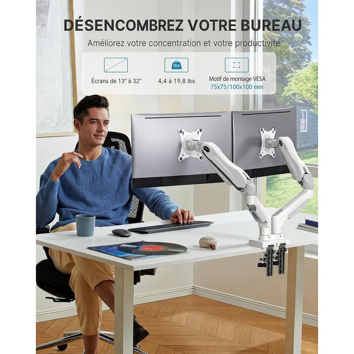 Support double écran ajustable blanc - 34% de remise