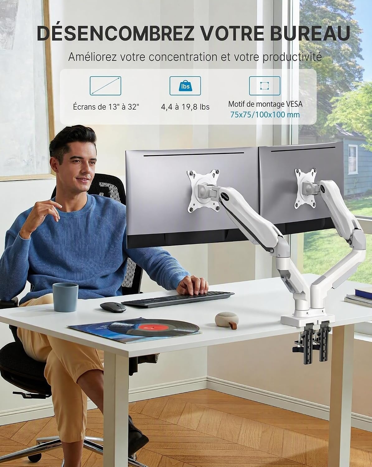 Support double écran ajustable blanc - 34% de remise