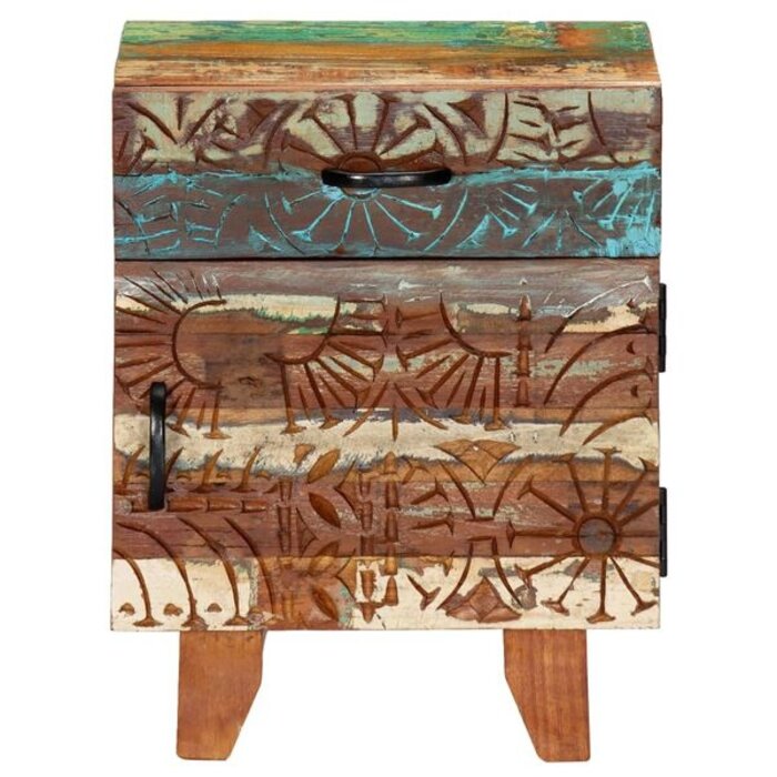 Table de chevet sculptée en bois massif recyclé - 35% de remise