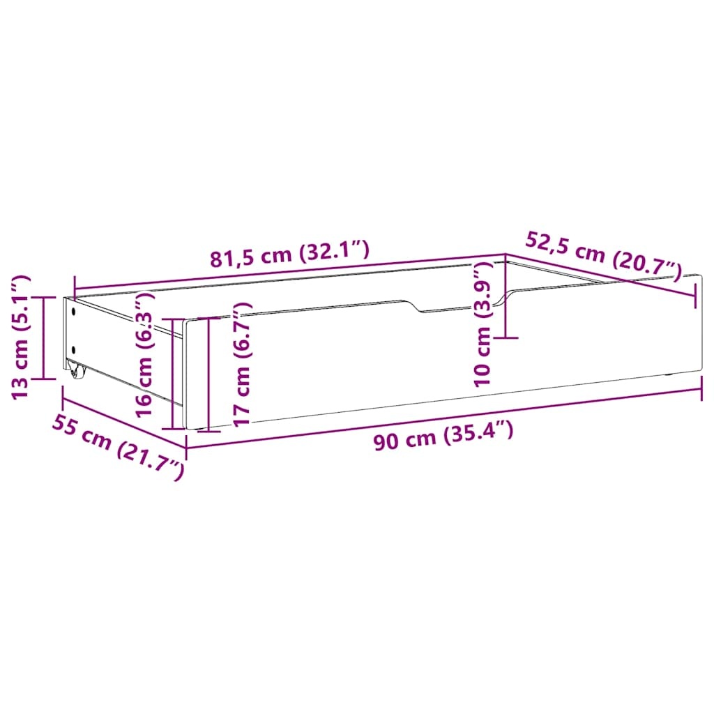 Lot de 2 tiroirs de lit en bois massif - 90x55x16 cm - 35% de remise
