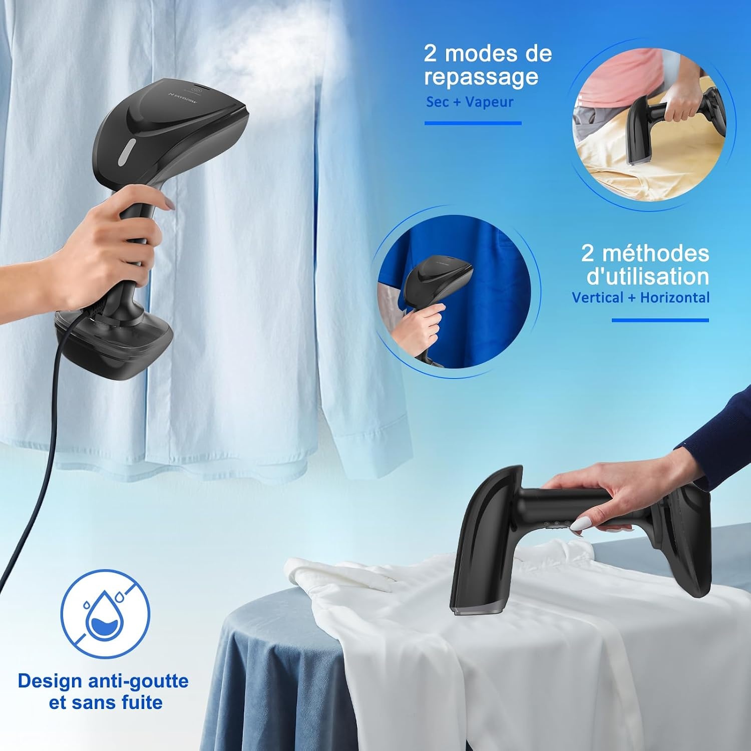 Défroisseur vapeur portable 1800W - 300ml - Noir - 33% de remise