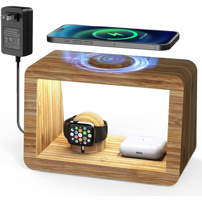 Station de charge 3-en-1 en bambou avec lampe - 33% de remise