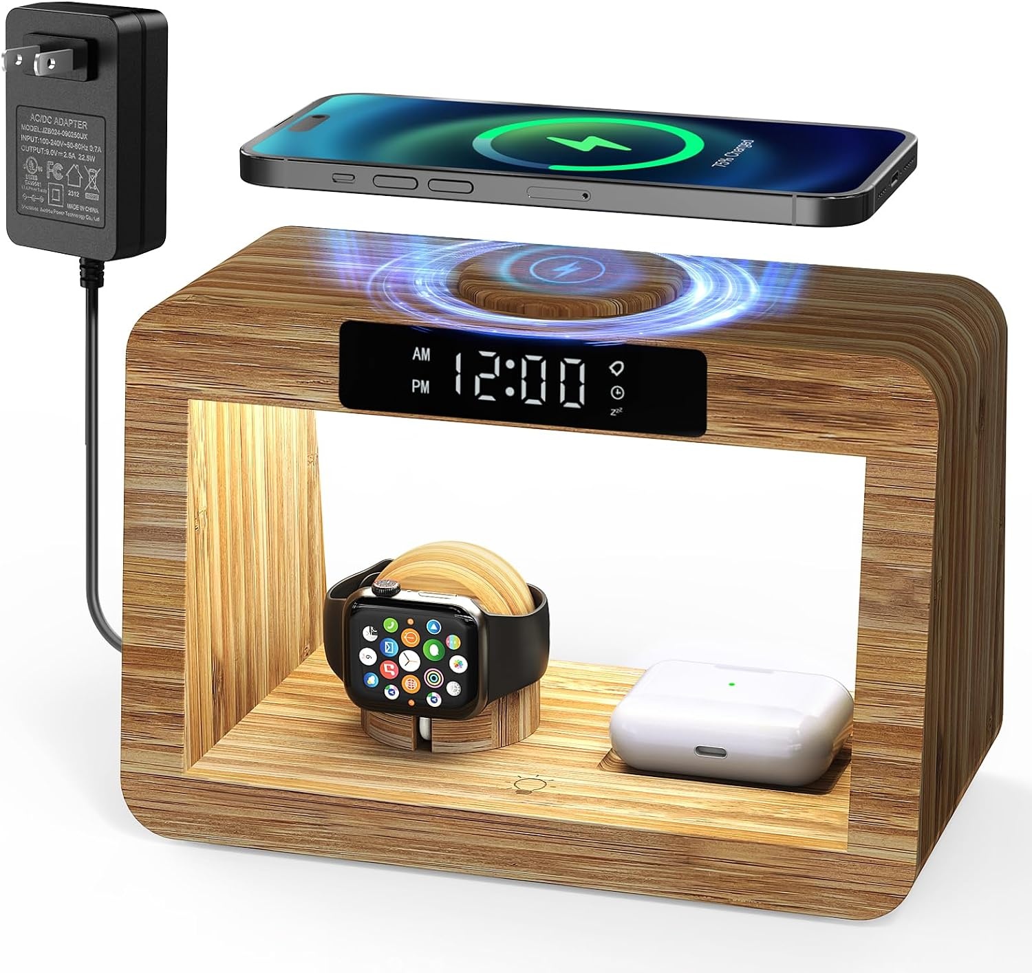 Station de charge 3-en-1 en bambou avec lampe - 33% de remise
