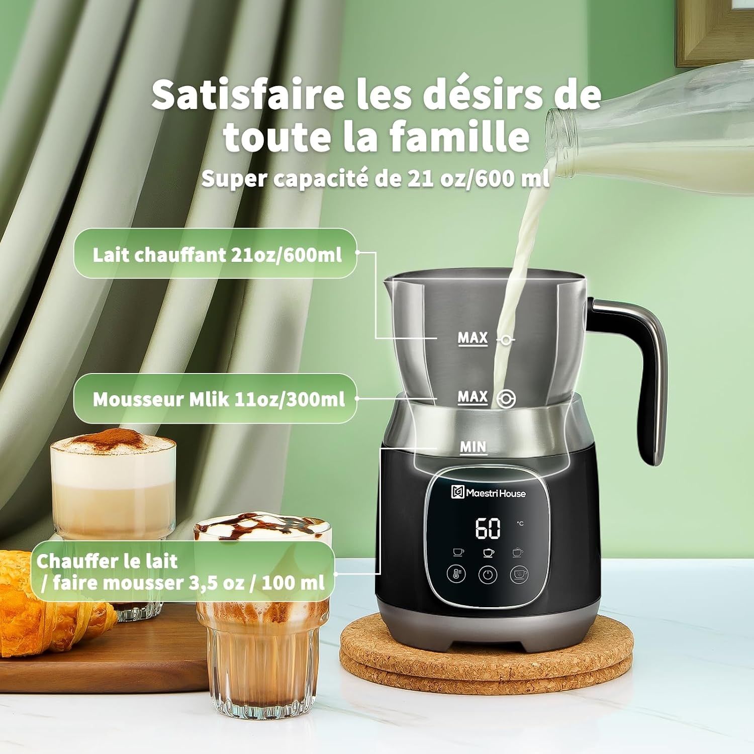 Mousseur à lait électrique 600 ml - 34% de remise - Acier inoxydable - Noir
