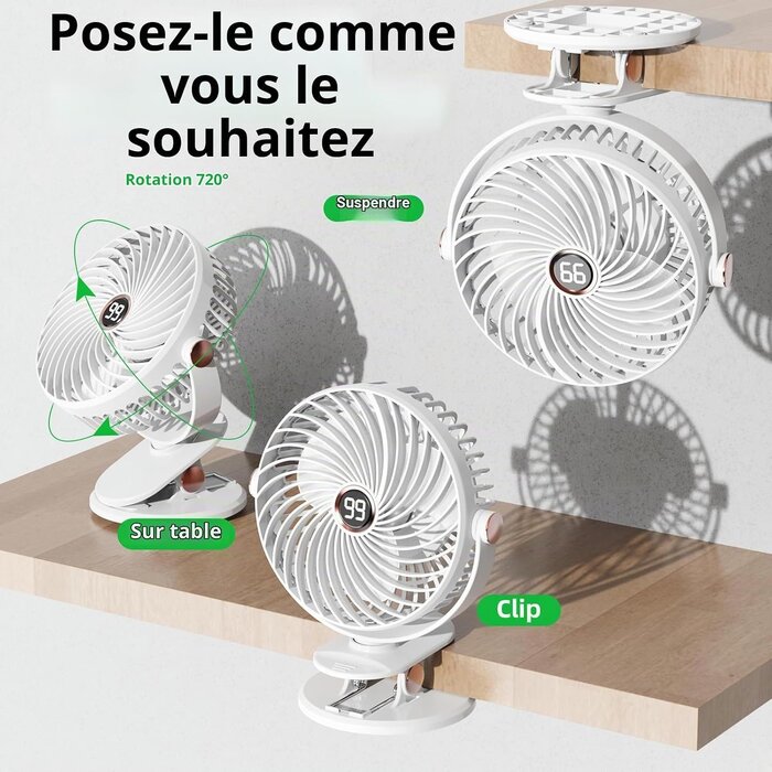 Ventilateur à pince rechargeable 6" - 5 vitesses - Blanc - 29% de remise