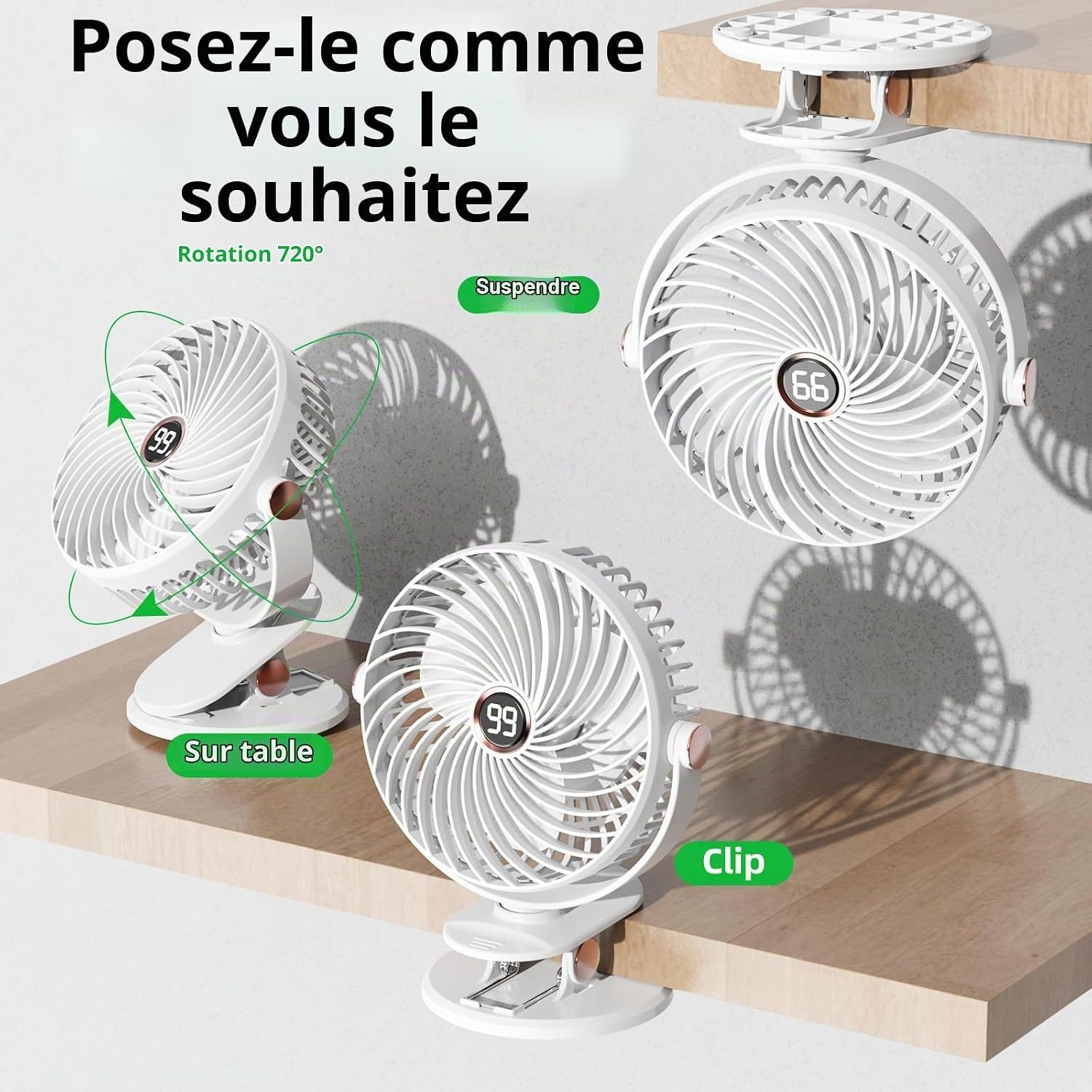 Ventilateur à pince rechargeable 6" - 5 vitesses - Blanc - 29% de remise