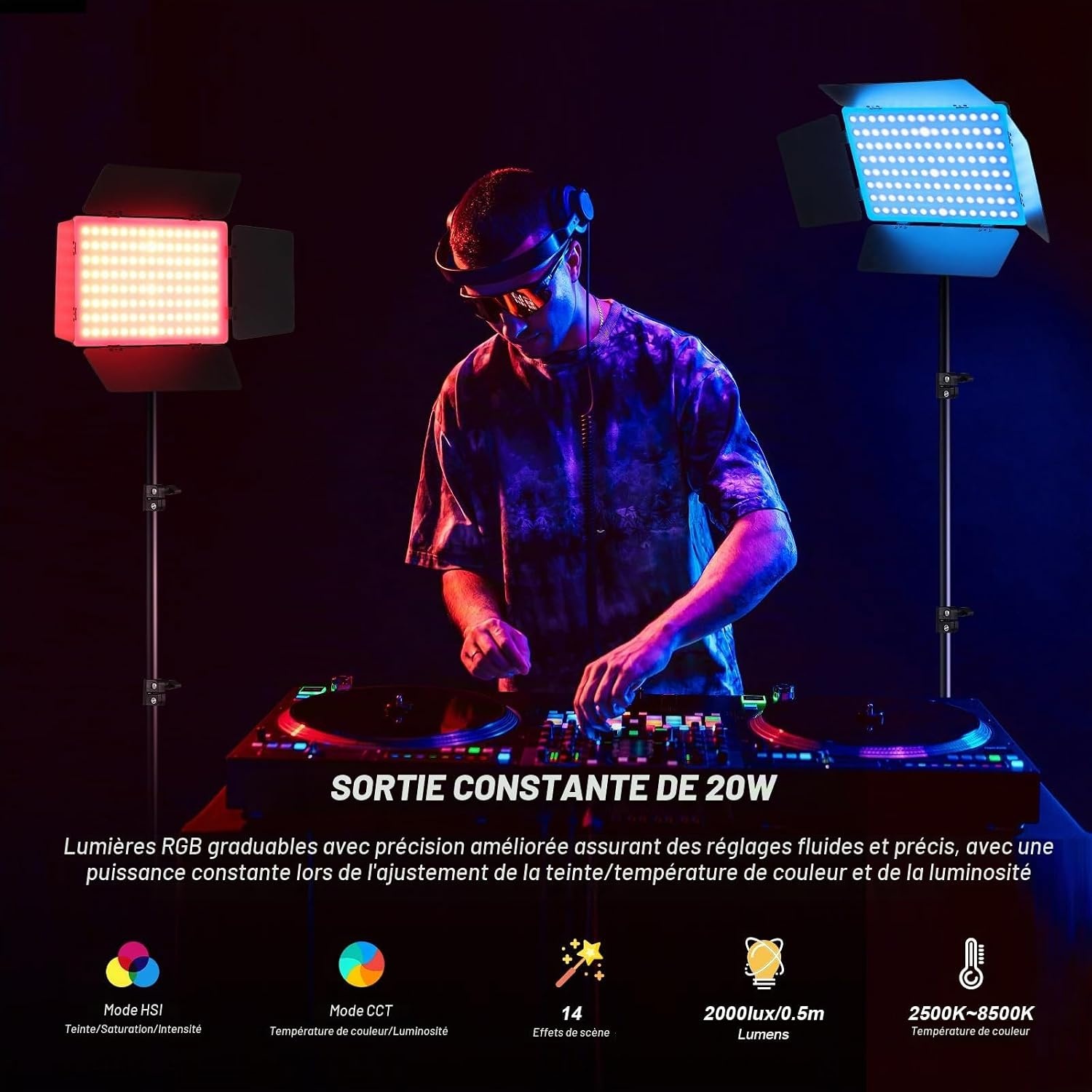 Kit 2 Panneaux LED Vidéo RGB 20W avec Pieds - 34% de remise