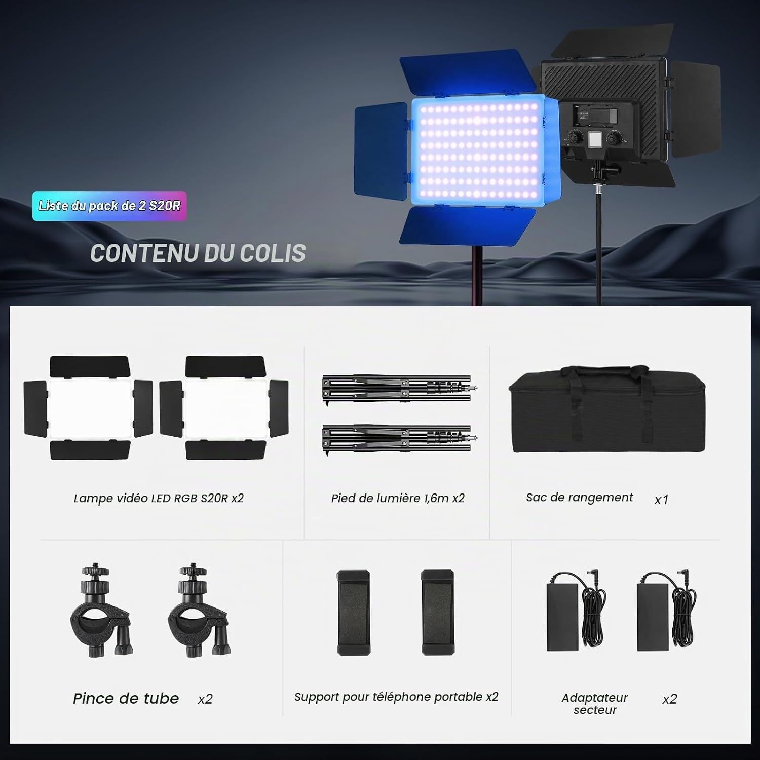 Kit 2 Panneaux LED Vidéo RGB 20W avec Pieds - 34% de remise