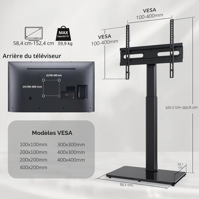 Support TV sur pied universel 27-65 pouces - Noir - 34% de remise